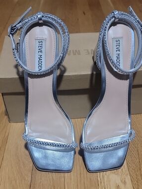 Steve Madden Silver Metallic Ankle-Strap Heels with Rhinestones